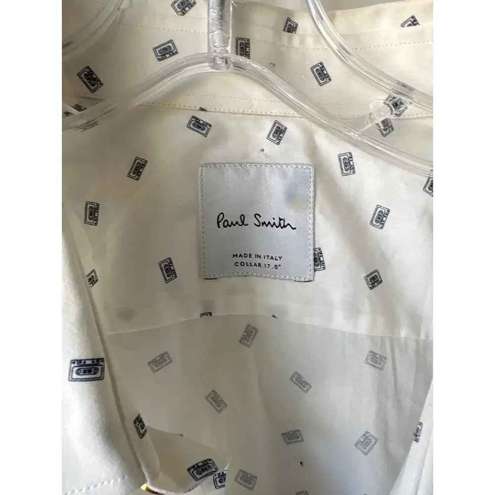 Paul Smith Italy Cassette Tape Print Cotton Dress Shirt White Navy Men's 17.5